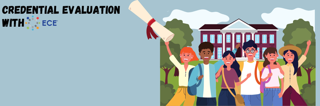 illustration of students in front of a school, credential evaluation with ece (educational credential evaluators)